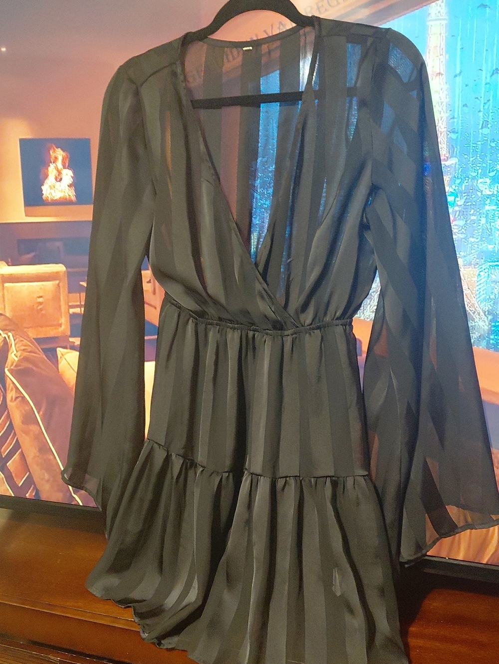 Sheer Black Striped V-Neck Tiered Women's Dress